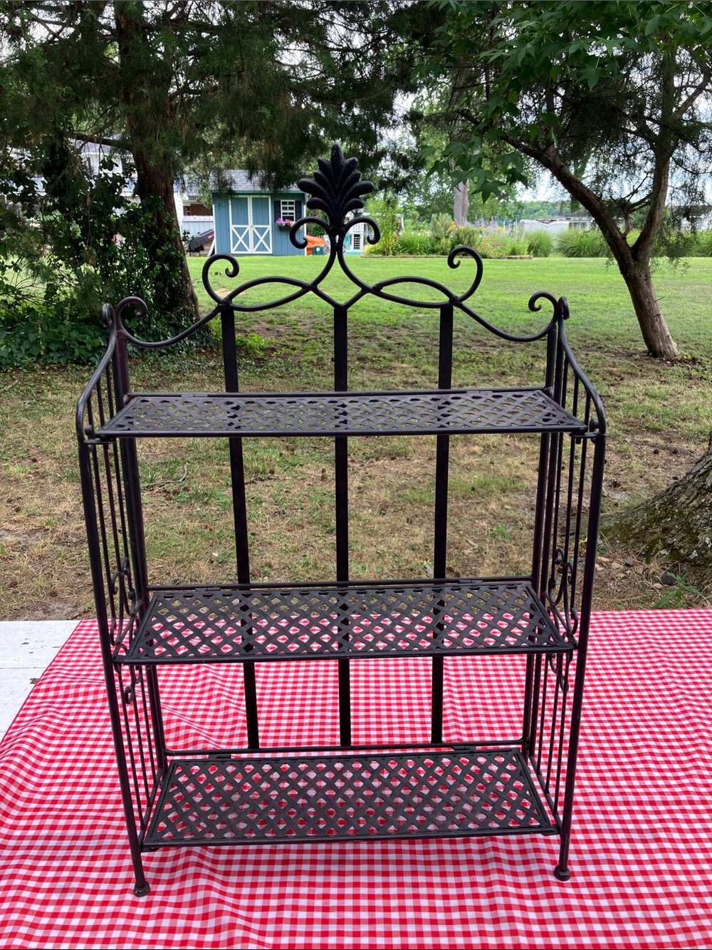Cast Iron Three Shelf Stand With Lattice Shelves Which Fold Down - Picture 9 of 11